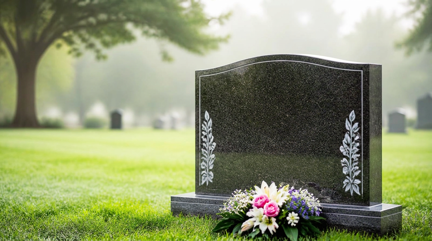 A restored granite headstone in soft morning light
